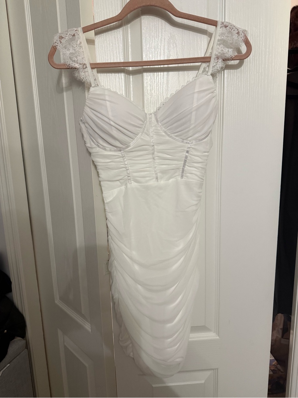 Windsor White Lace-Trim Ruched Bodycon Dress